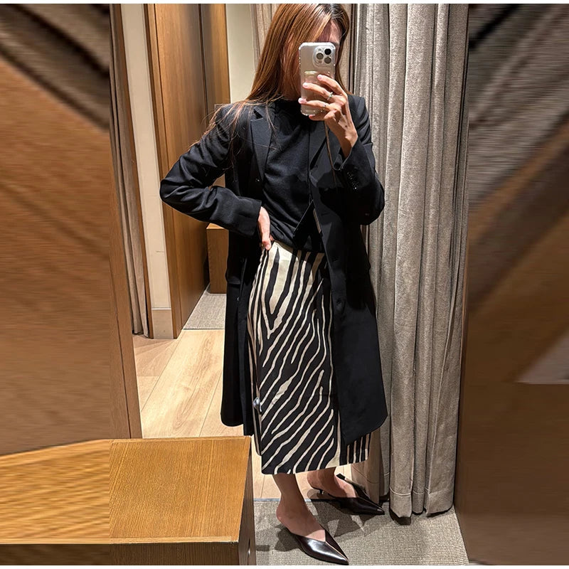Gonna midi a righe zebrate da donna, a vita alta, dritta, elegante, aderente, casual, lunga, 2026, outfit moda street estivo e autunnale