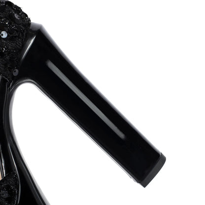 Sandali a punta neri con cinturino alla caviglia sexy per le donne Piattaforma estiva 15CM Scarpe eleganti da festa con paillettes lucide Tacchi alti vuoti laterali neri