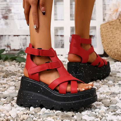 Sandali da donna Sandali da donna con plateau in pelle moda estiva Sandali gladiatore con tacco alto da donna Scarpe da donna con zeppa robuste per esterni
