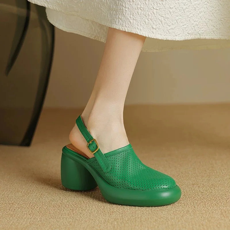 Sandali estivi Punta tonda Scava fuori Sandali con tacco alto per donna Sandali con plateau Zapatos Mujer Tacco grosso Scarpe di pelle di pecora Verde