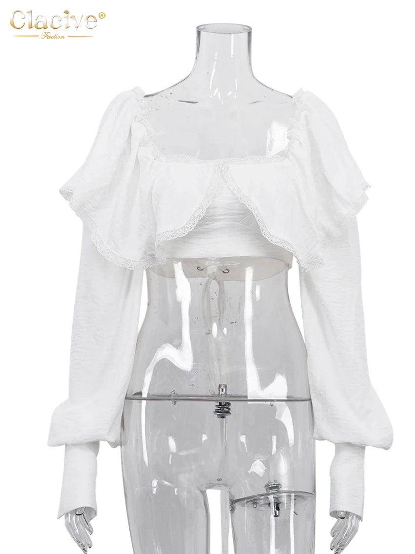 Clacive Top da donna bianco sottile sexy 2025 Moda colletto quadrato manica lunga Crop Top elegante classico solido Top abbigliamento femminile