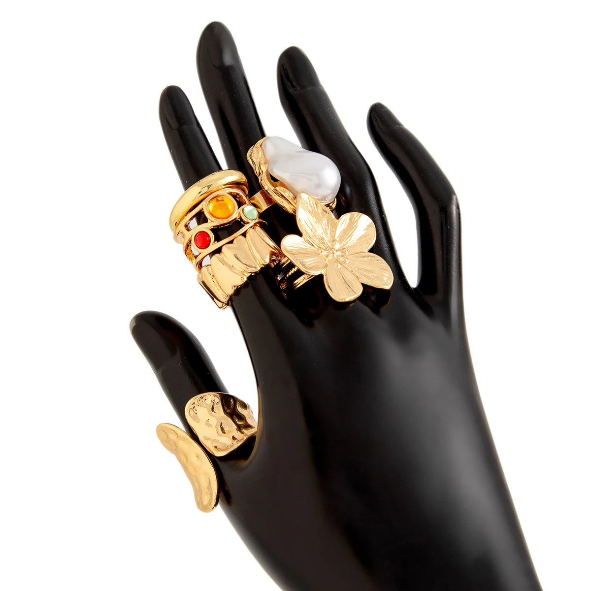 Ingemark 2025 Anello barocco con perla imitazione per donna Anelli aperti eleganti con accessori esagerati per gioielli con design floreale in metallo