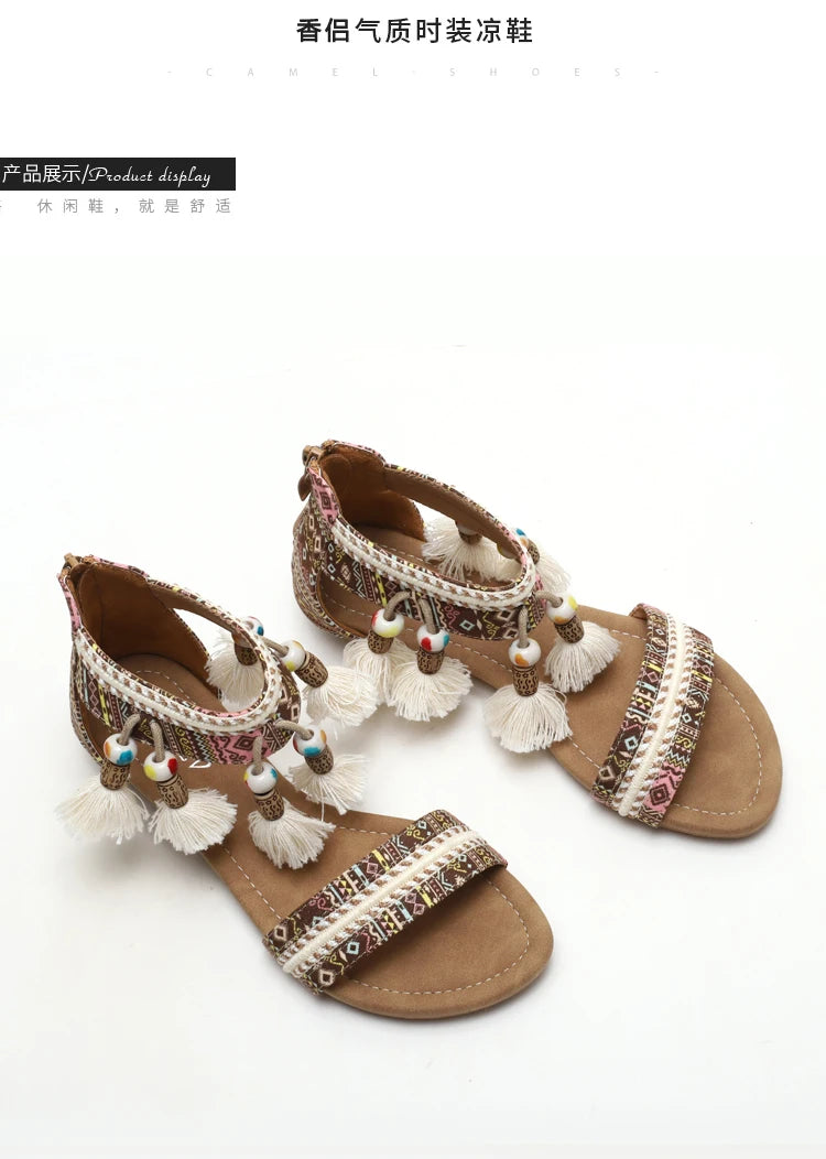 Neue Damen-Sommersandalen im römischen Bohème-Stil mit flachem Absatz, weicher Sohle, bequem und rutschfest für Urlaub und Tourismus