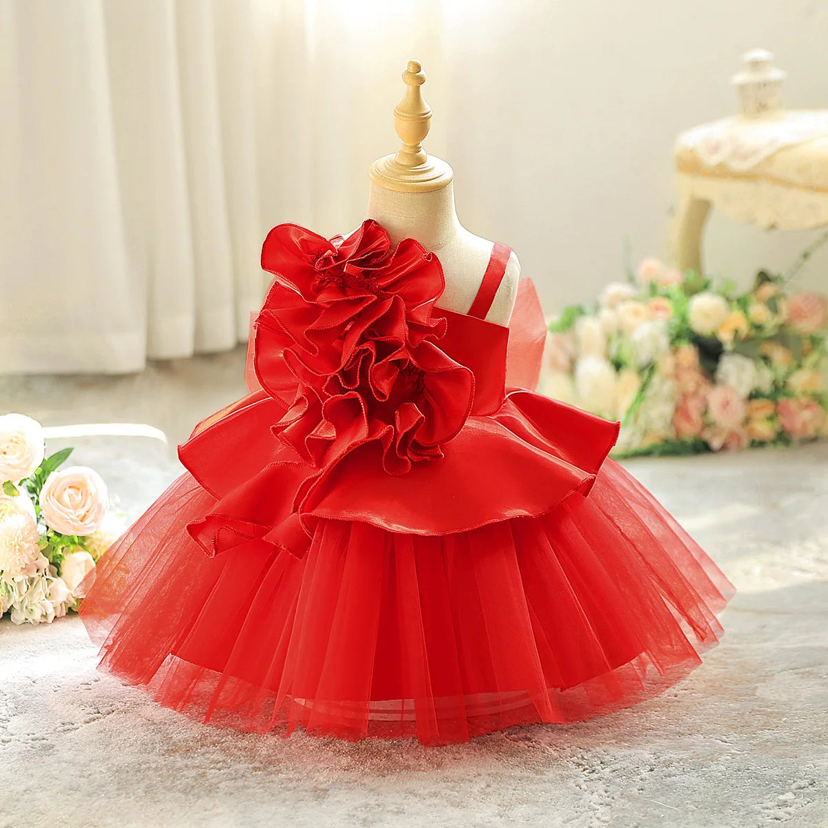 Elegant Fold Flower Party Baby Girl Dresses Toddler Tulle 1st Birthday Princess Dress for Kids Bow Wedding Bridesmaids Prom Gown
