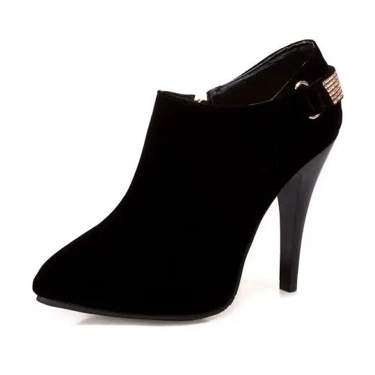 REAVE CAT Ankle Boots Pointed Toe Shoes women Sale Thin Heels Flock Suede Leather Rhinestone Big Size 31-50 Weeding Blue Black