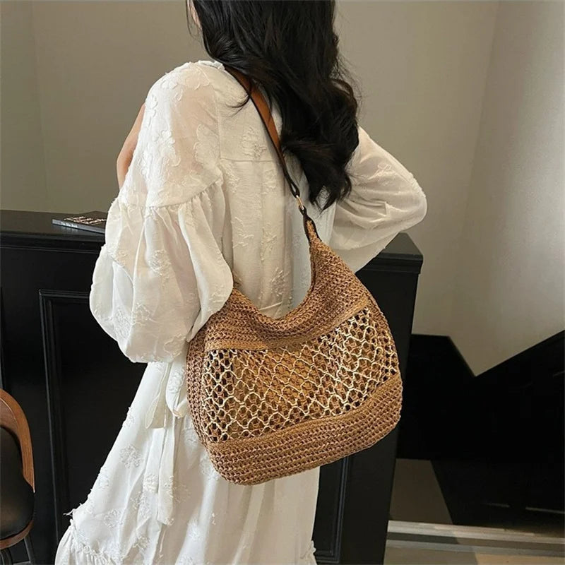 Borsa a Spalla da Donna con Tracolla Regolabile, Borsa da Viaggio in Paglia Intrecciata, Borsa a Mano alla Moda, Borsa Estiva Quotidiana da Donna