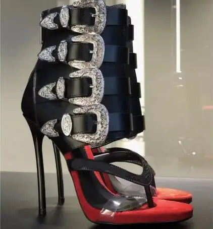 Sandales d'été à talons hauts pour femme, sandales à talons hauts pour femme avec bout pointu, décoration en métal, bride à boucle en PVC, tongs, chaussures sexy à talons hauts pour femme
