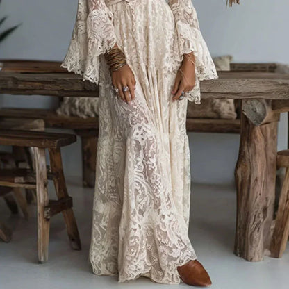 Nuovo abito da donna in pizzo ricamato con scollo a V profondo Primavera scava fuori abiti a vita alta all'uncinetto Abito lungo jacquard con maniche svasate autunnali