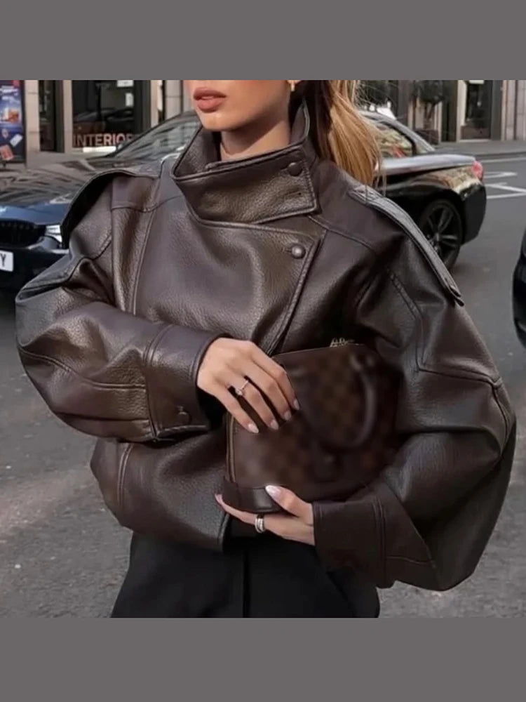 Giacche Corte in Ecopelle Nera alla Moda per Donne, Cappotti Oversize Retrò con Collo Alto e Maniche Lunghe, Abbigliamento Classico da Strada per Autunno e Inverno