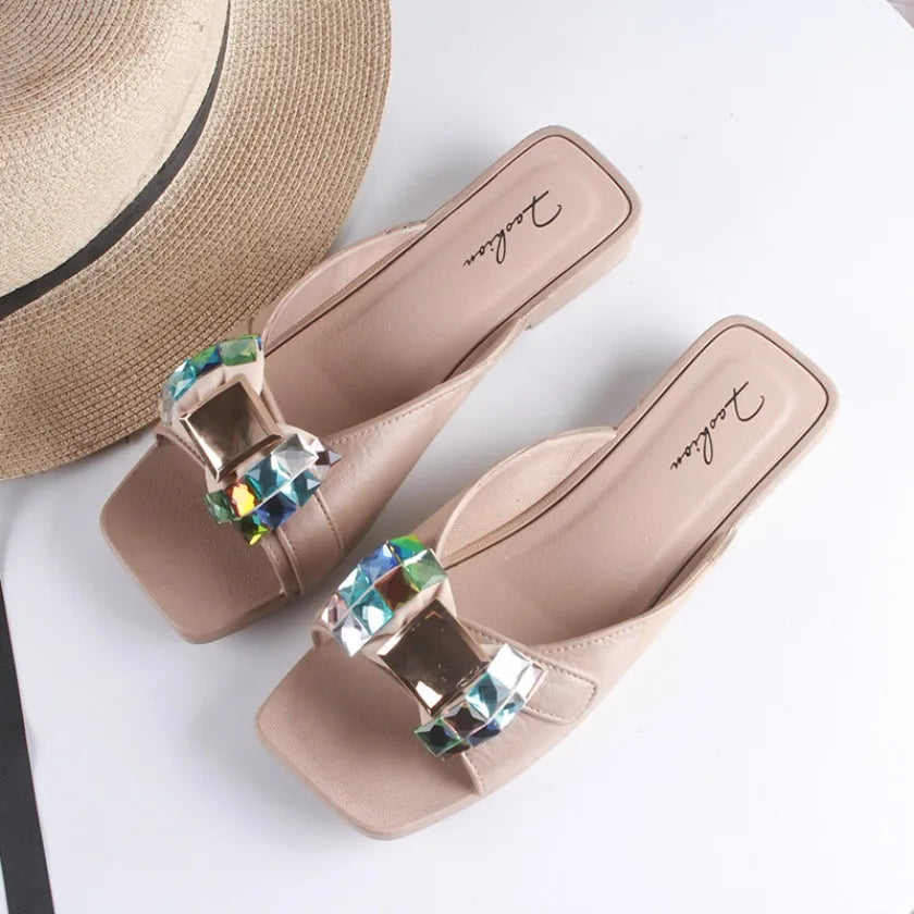 Claques d'été une pièce, nouvelles sandales de plage tendance à strass de couleur unie, chaussures plates décontractées pour femmes