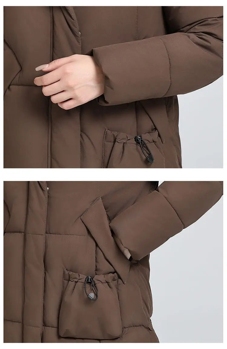 Caldo piumino in cotone da donna Inverno 2025 Nuova versione coreana Cappotto lungo con cappuccio allentato Cappotto Parka spesso antivento femminile