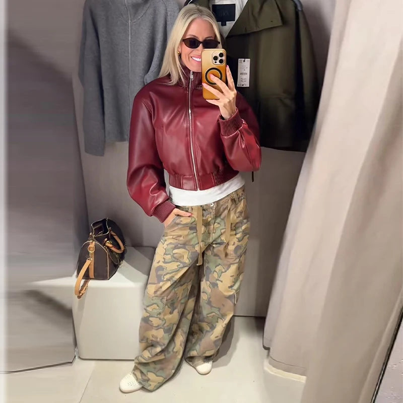 Pantaloni da donna con stampa mimetica, vita con coulisse, gamba larga, taglio ampio, orlo con coulisse, vestibilità comoda, pantaloni casual, streetwear, nuova moda 2026