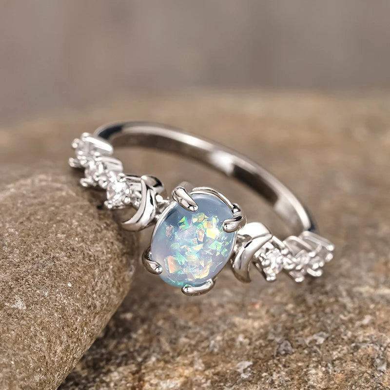 Huitan Anelli di luna opale imitazione blu/bianco per le donne Accessori da sposa estetici Gioielli di dichiarazione regalo di anniversario fantasia Hot