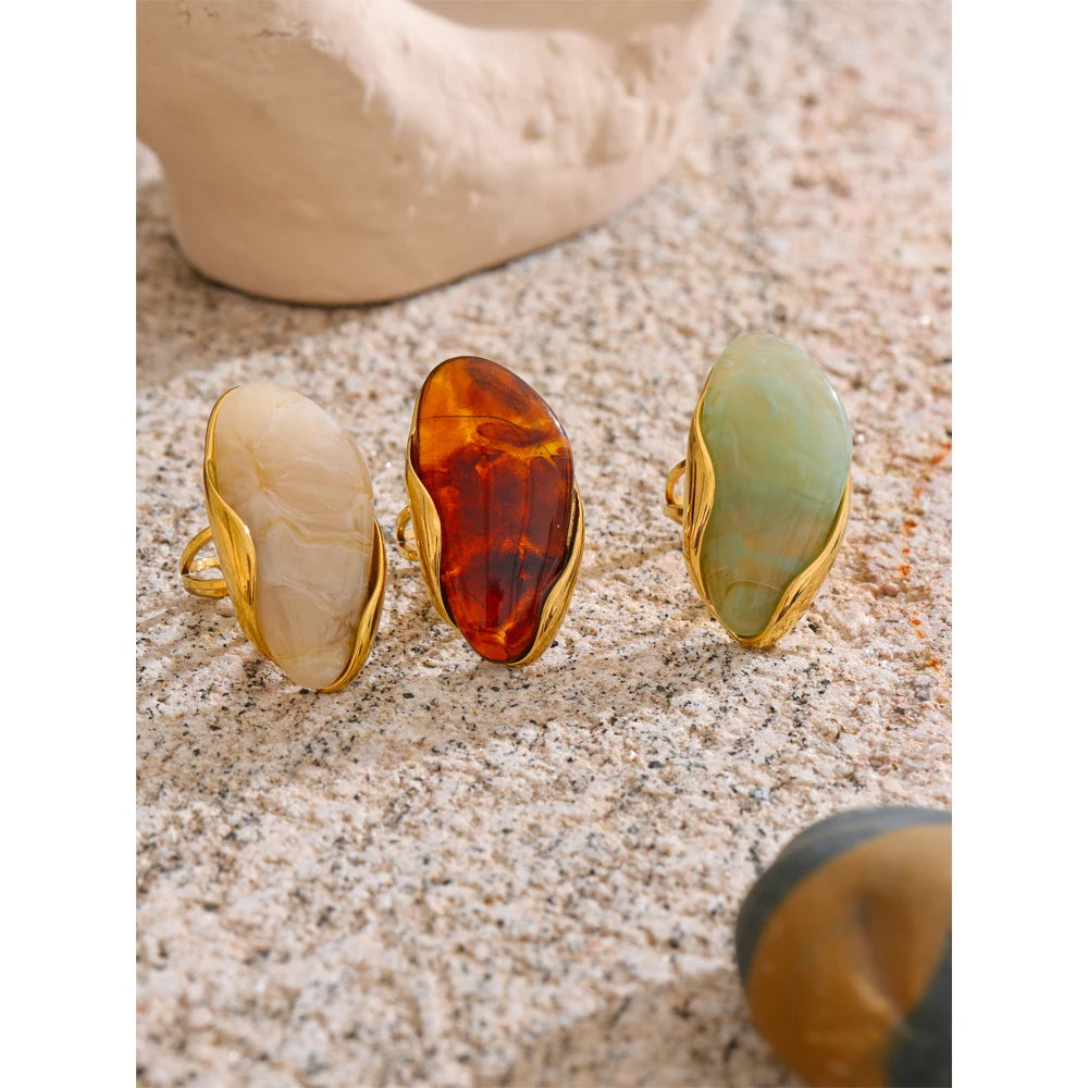 Yhpup Nuovo design Marrone Verde Beige Resina Anello geometrico regolabile PVD dorato Acciaio inossidabile Regalo di gioielli con dita antiruggine
