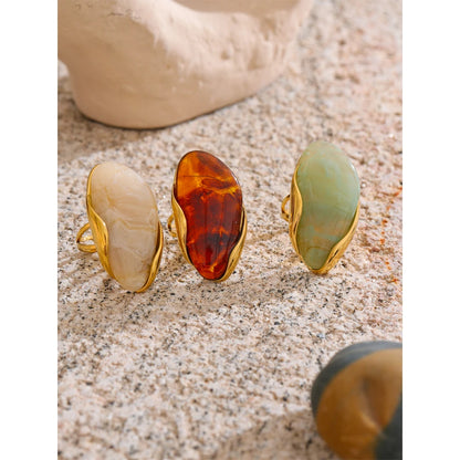 Yhpup Nuovo design Marrone Verde Beige Resina Anello geometrico regolabile PVD dorato Acciaio inossidabile Regalo di gioielli con dita antiruggine
