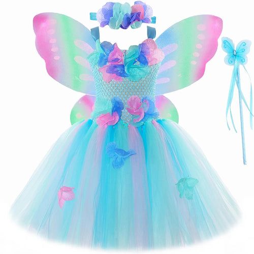 Costumi da fata dei fiori turchese per ragazze Abiti da principessa fata farfalla con ali Bacchetta per bambini Vestito da tutù di carnevale di Halloween