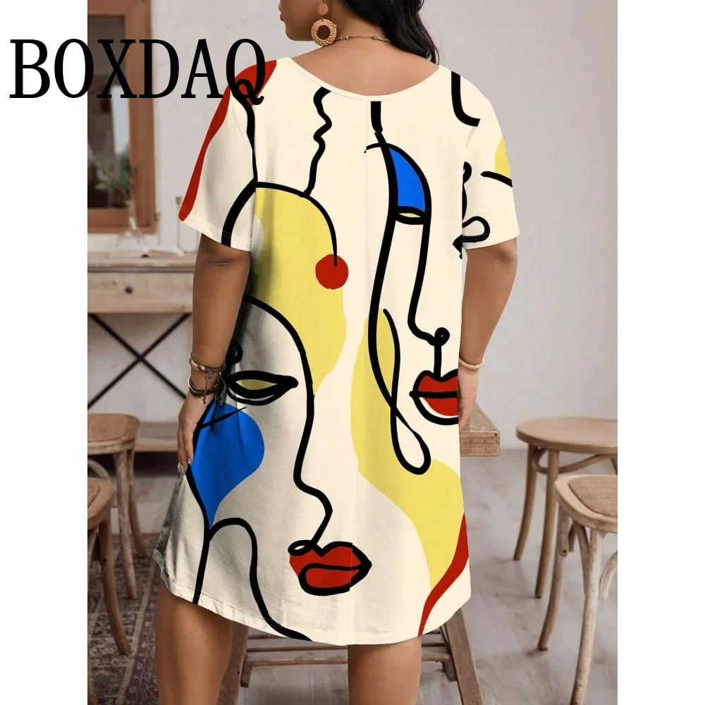 Moda Donna Abbigliamento Linea artistica per il viso Abiti con stampa 3D Abiti estivi larghi taglie forti Abiti casual a trapezio a maniche corte 9XL