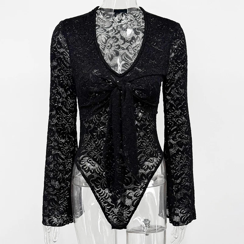 Summer Sheer Lace Bodysuit Women Tops Sexy V-Neck Long Sleeve Slim Bodycon Rompers Womens Overalls Casual Streetwear Body Tops