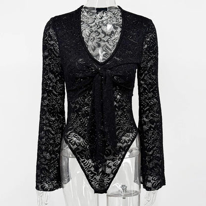 Summer Sheer Lace Bodysuit Women Tops Sexy V-Neck Long Sleeve Slim Bodycon Rompers Womens Overalls Casual Streetwear Body Tops