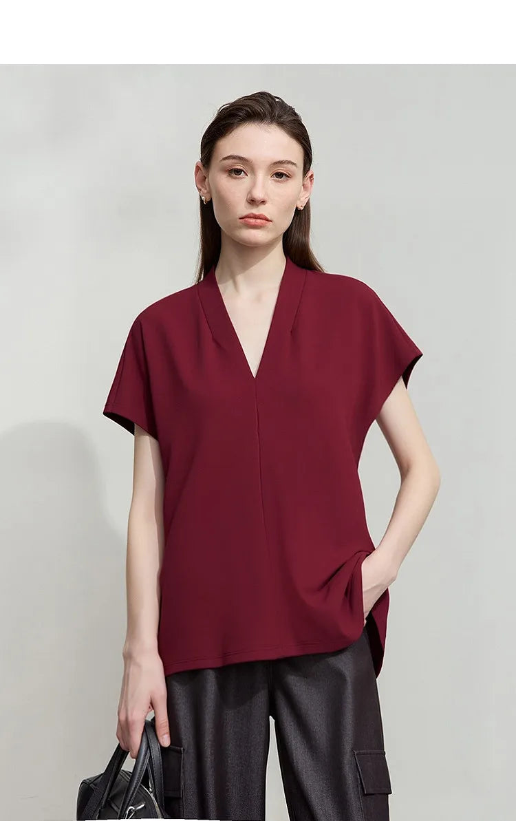 AMII Minimalism 2026 T-shirt Estiva da Donna Stile Classico Casual Scollo a V Manica Corta Tinta Unita Elasticizzata Top e Magliette Femminili 12312013