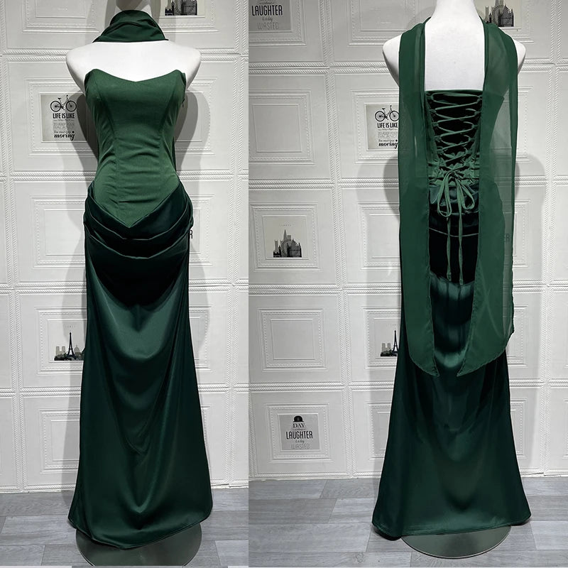 Giyu Sexy Satin Evening Club Abiti da festa Donna 2025 Estate senza spalline con spalle scoperte Lisca di pesce increspato Maxi abito lungo Abito elegante