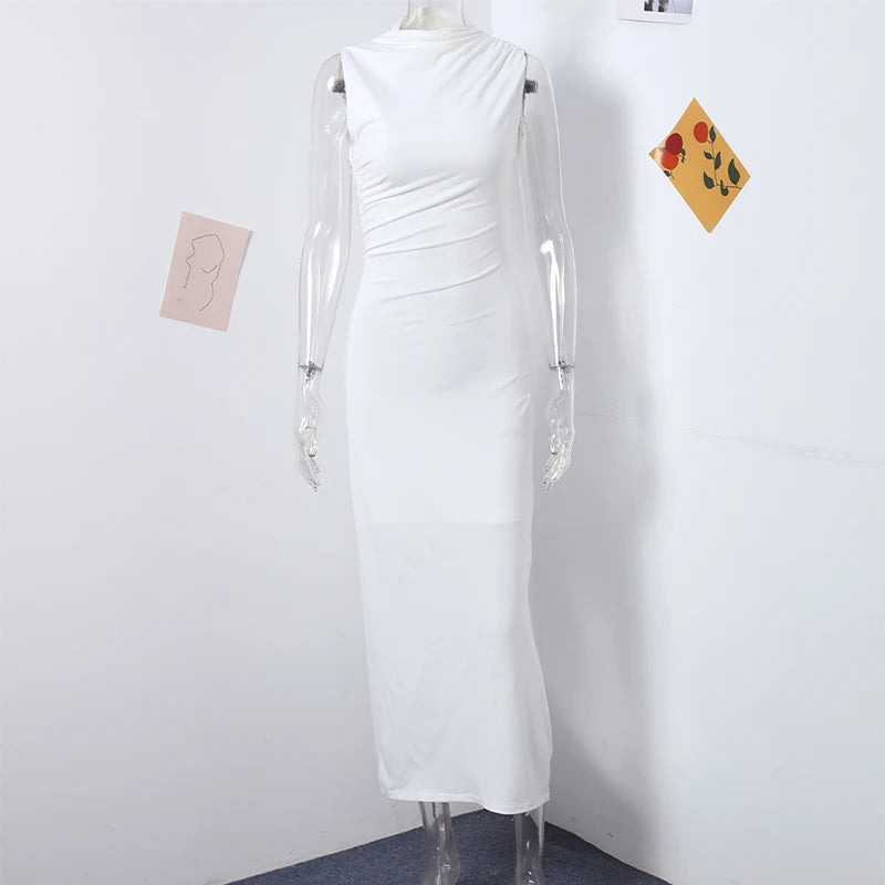 Abito da donna solido pieghettato O collo Slim Hip Package abiti lunghi da donna 2024 moda senza maniche Summer Evening Party abito femminile