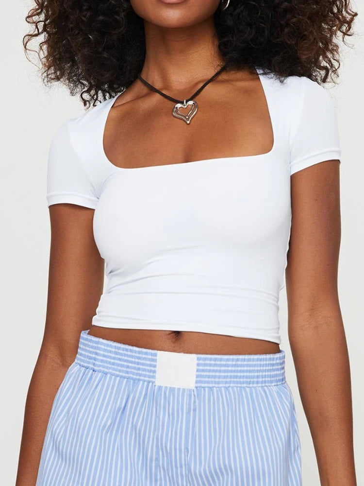 T-shirts Femme Courtes Manches Courtes Col U Été Sexy Décontracté Femme Pulls Basiques Moulants Élastiques Y2k