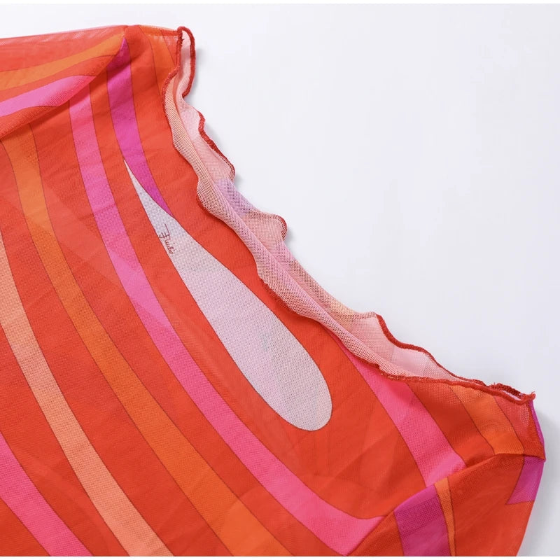 Abito lungo aderente aderente in rete trasparente da donna sexy Stampa chic senza maniche Slim Fit Abiti lunghi per le vacanze al mare Abito femminile quotidiano casual