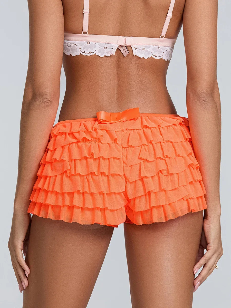 Pantaloncini da donna Pantaloni corti a strati con volant in chiffon tinta unita Vita elastica Bloomers casual Pantaloncini caldi sexy Abbigliamento da casa