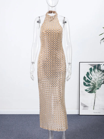 Diamanti di lusso Halter Abito lungo da donna Sexy Slim senza maniche Backless Split Abiti da festa 2026 Primavera Estate Lady Abiti da sera