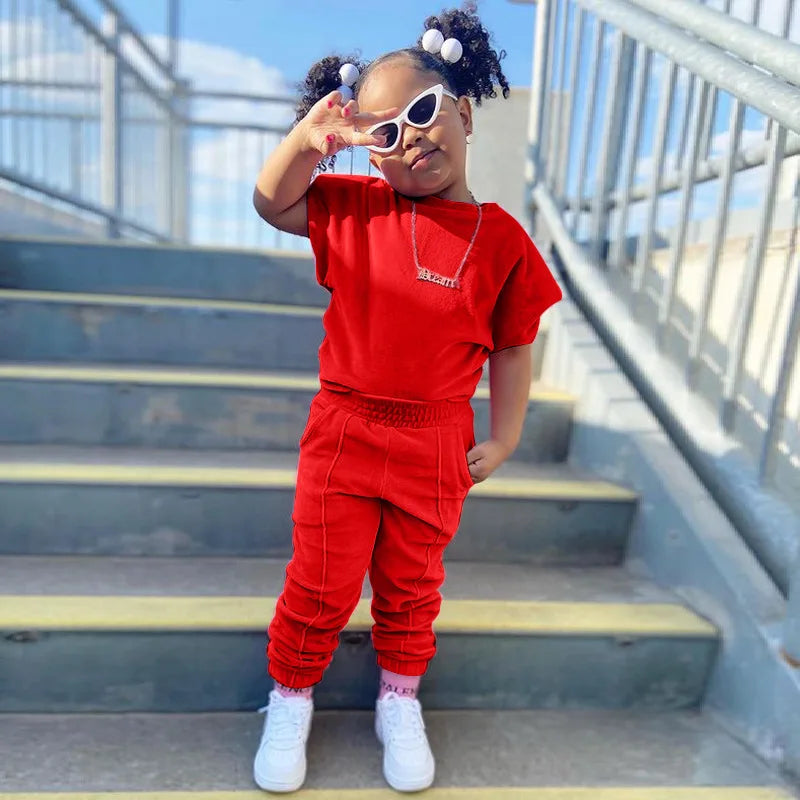Moda Bambini Bambine Abbigliamento 2 pezzi Set T-shirt casual in cotone solido + Pantaloni in vita elastica Completi per bambini piccoli 1-6 anni