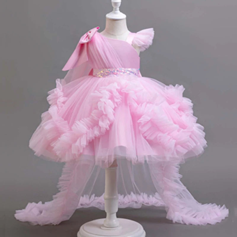 KLFLGD Nuovi abiti da festa per ragazze estive Abito da festa elegante da sposa per ragazza di fiori Abito da coda in tulle rosa per ragazza di 2-6 anni
