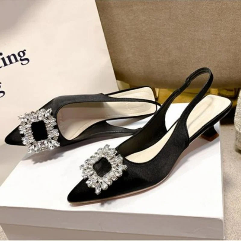 Sandales d'été pour femmes, nouvelles chaussures pour femmes, chaussures pointues à bout ouvert, chaussures à diamants roses Nude, chaussures à talons bas avec bride arrière, chaussures habillées pour femmes