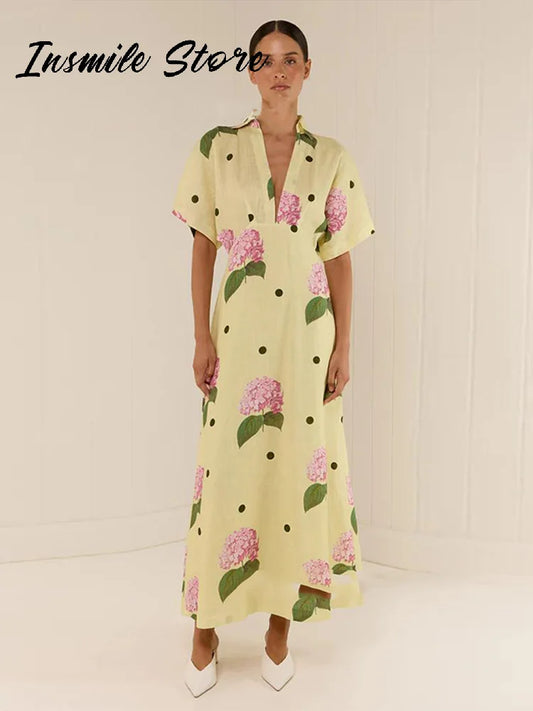 Abito da donna stampato a fiori casual Abito lungo femminile allentato a maniche corte con scollo a V profondo 2025 Primavera Estate Nuova moda Lady Robe