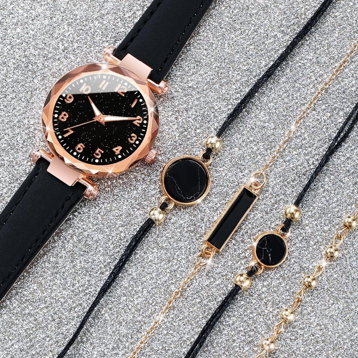 5 pezzi/set braccialetti per orologi da donna set orologio al quarzo con cinturino in pelle con quadrante cielo stellato alla moda