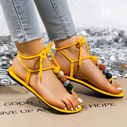 Sandali Donna 2026 Nuova Collezione Estiva con Decorazioni Perline e Lacci, Sandali Bassi Bohemien con Punta Aperta, Scarpe Casual Comode da Spiaggia