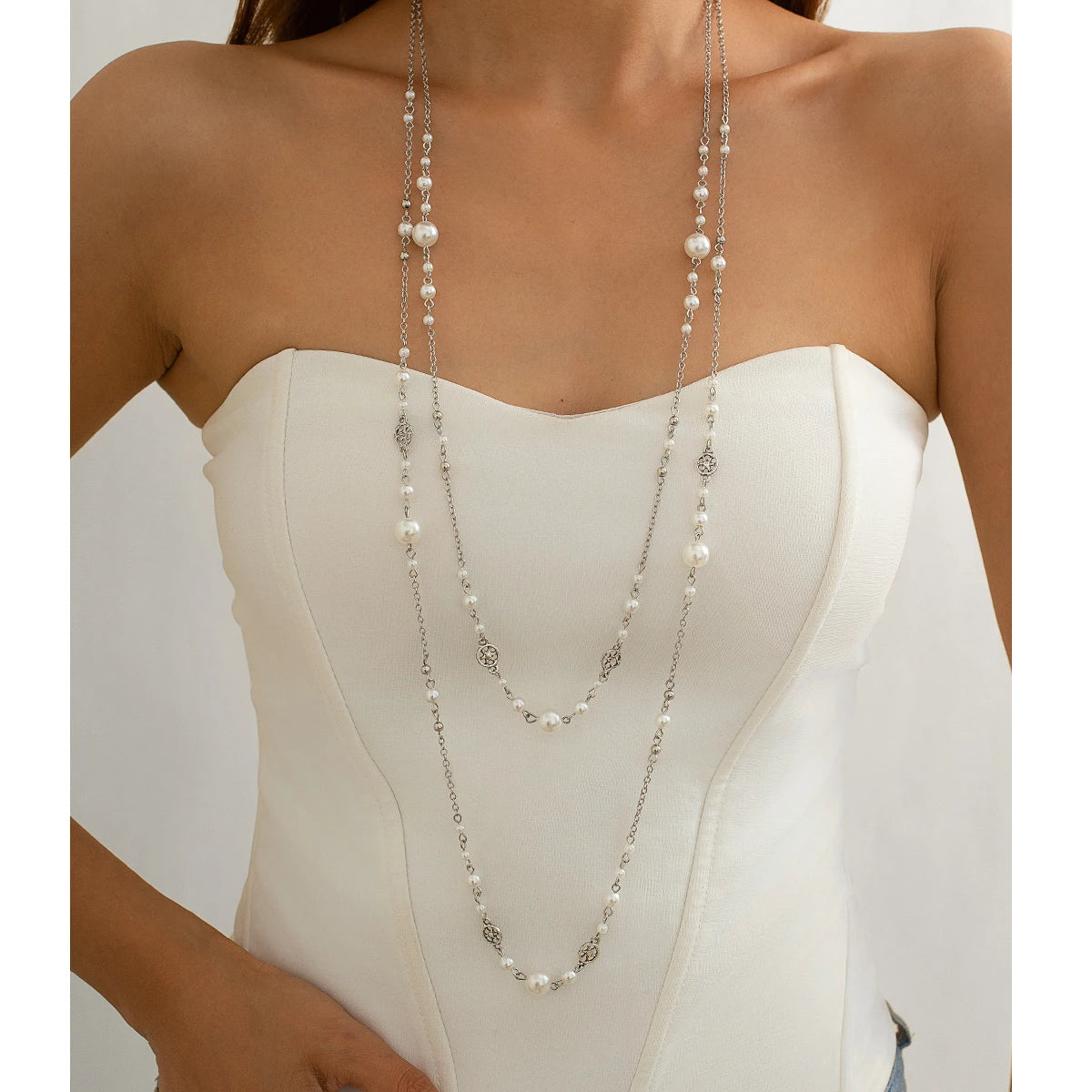Ingemark 2 Pz/set Temperamento Imitazione Perla Collana a Catena Lunga per le Donne Dichiarazione di Moda Goth Sweather Collegamento al Collo Gioielli