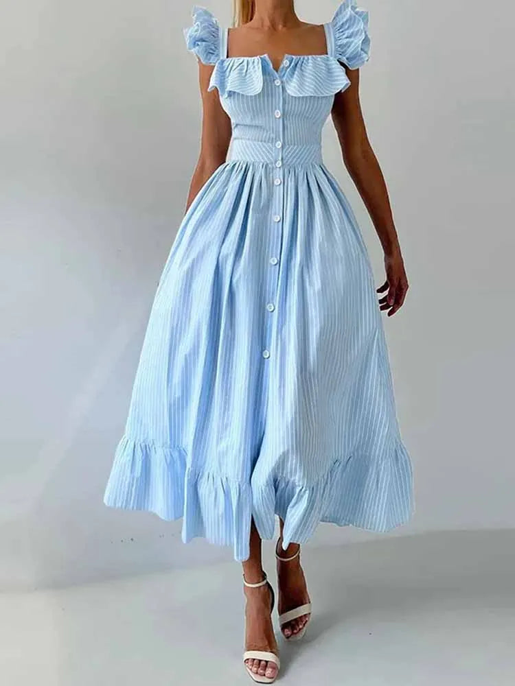 BKQU Abito lungo elegante con maniche volanti a righe con volant Abito lungo da donna chic con colletto quadrato sottile monopetto Abito lungo da festa estivo femminile