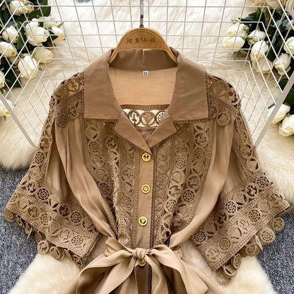 Abiti midi scavati di lusso Camicia da donna Vacanza estiva Elegante bottone monopetto Cintura in pizzo Ricamo Vestido lungo da festa