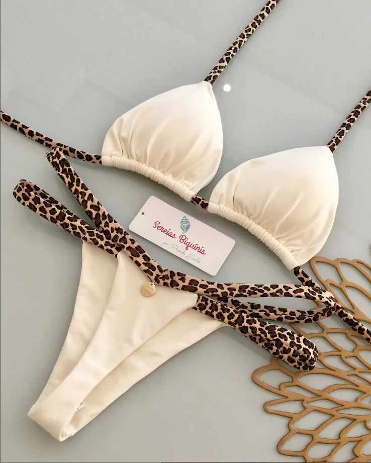 2026 Neuer sexy Micro-Bikini-Set mit Prints für Damen, Urlaub-Badeanzug, Schnür-Bademode, 2-teiliges Set, rückenfreier brasilianischer Biquini, Strandmode