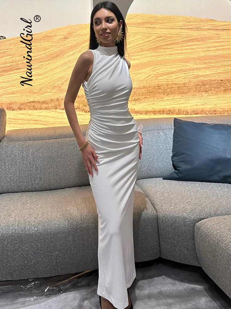 Abito da donna solido pieghettato O collo Slim Hip Package abiti lunghi da donna 2024 moda senza maniche Summer Evening Party abito femminile