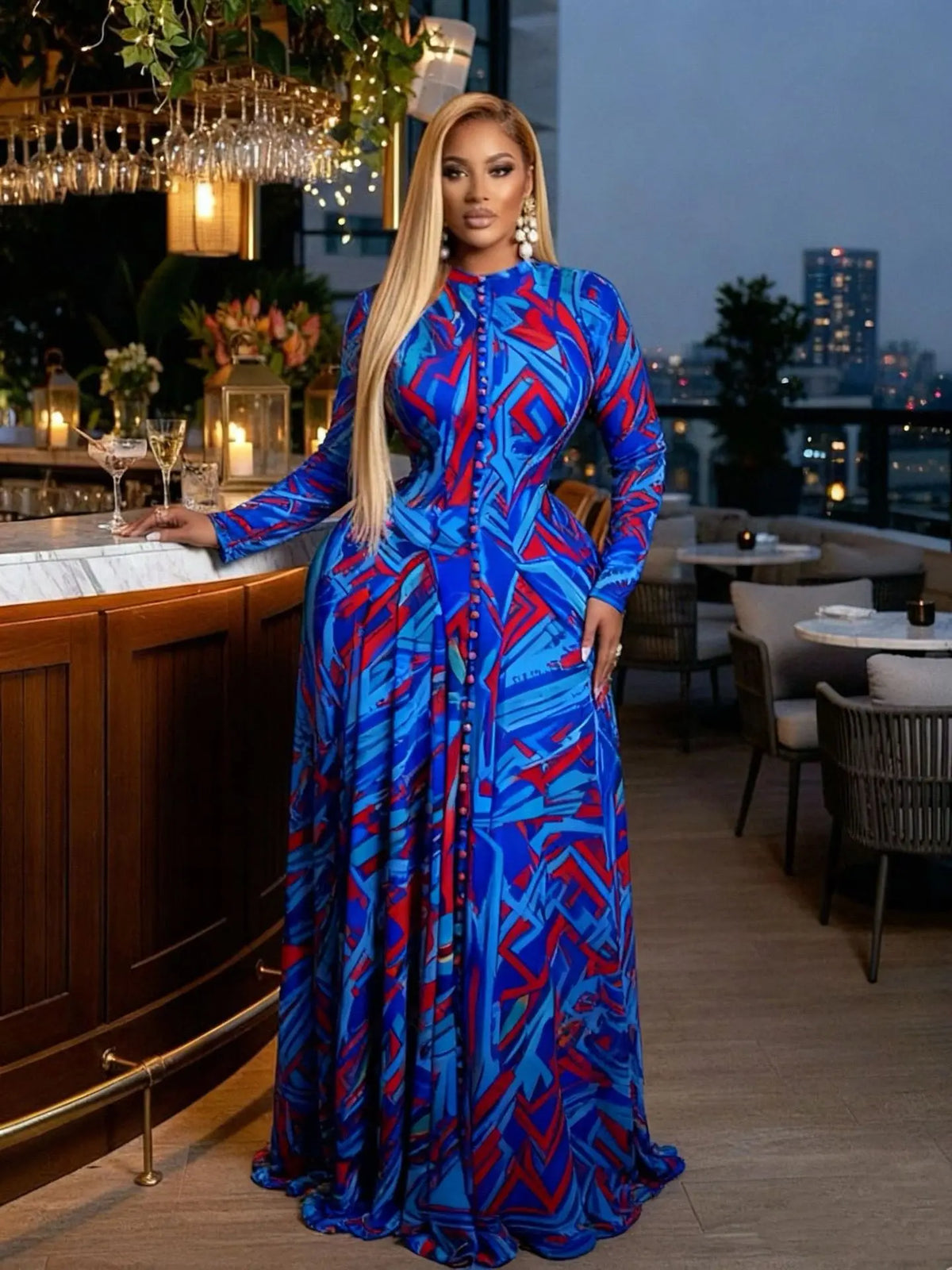 CM.YAYA Donne O-Collo Manica Lunga Grande Swing Tie Dye Stampa Abito Lungo 2026 Feste Sexy Vacanze Da Sera Maxi Abiti Abiti