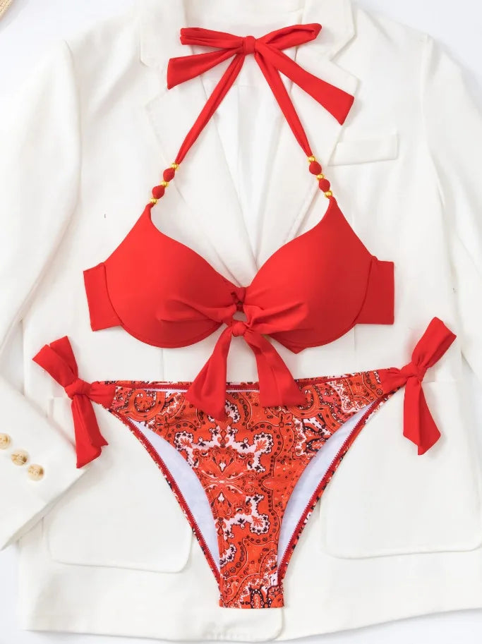 Costume da bagno bikini push-up halter stampato 2026 da donna, sexy, con spalline, per il mare e la piscina