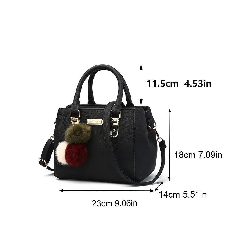 Secchiello in pelle PU moda con ornamenti per palle di pelo Borsa da donna Borse a tracolla a tracolla con manico superiore in tinta unita vintage