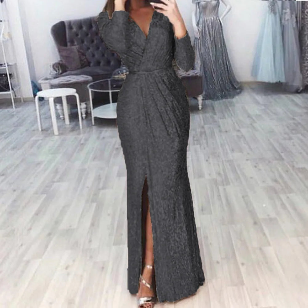Abito lungo da donna elegante con scollo a V a maniche lunghe da festa Autunno Inverno Moda con paillettes Vita sexy Abiti maxi slim casual con spacco alto