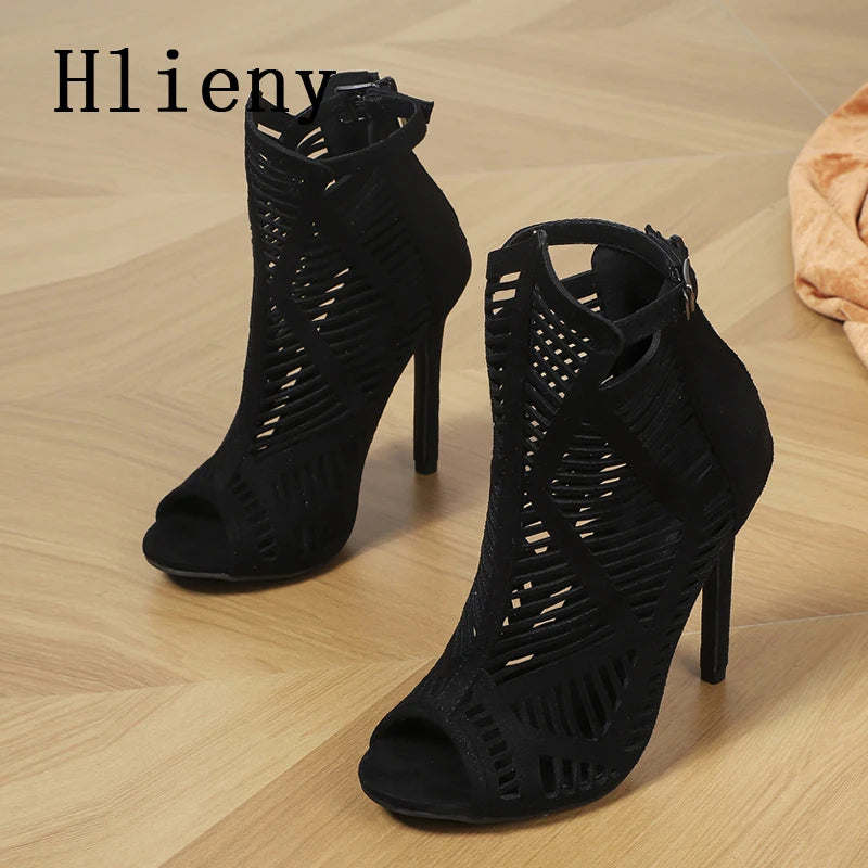 Hlieny 2026 New Sexy Fashion Boots Sandals Very Light Comfort High Quality Thin Heels Open Toe Dancing Zipper Shoes Woman