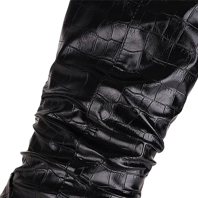 Western Cowboy Boots for Women Winter Footwear Shoes Square Heels Quality Knee High Boot Female Snake Leather Large Size 45 48