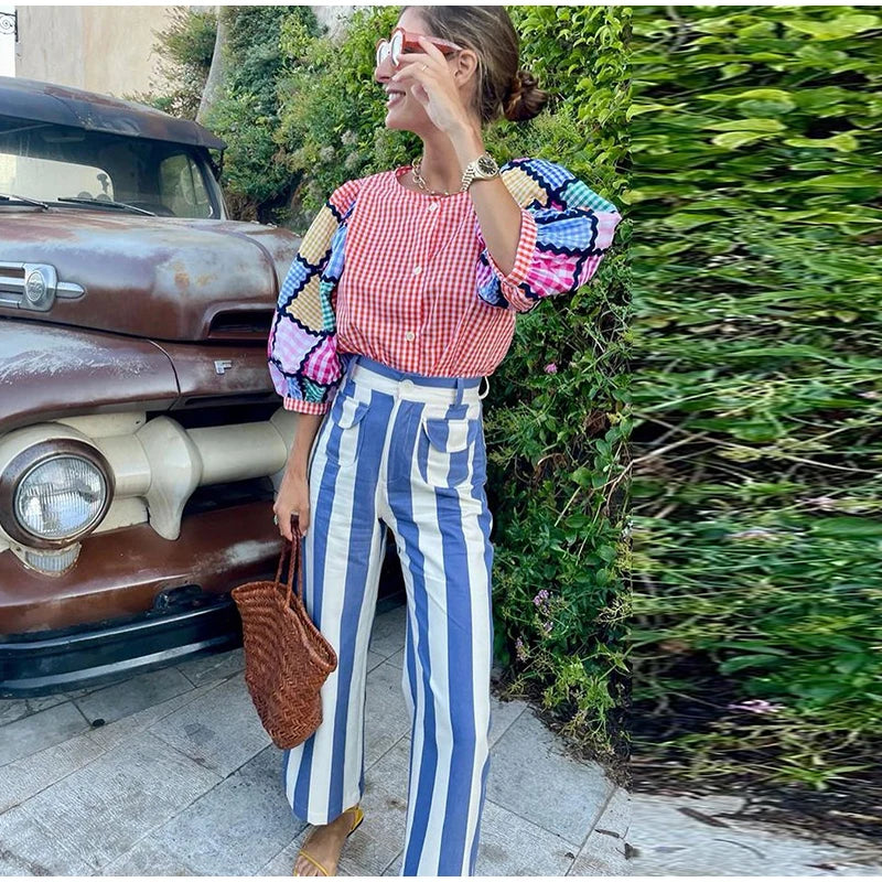 Jeans da Donna a Righe Stile Street Fashion con Cerniera, Bottone e Tasche, Gamba Larga, Pantaloni in Denim Chic Primavera Estate 2026