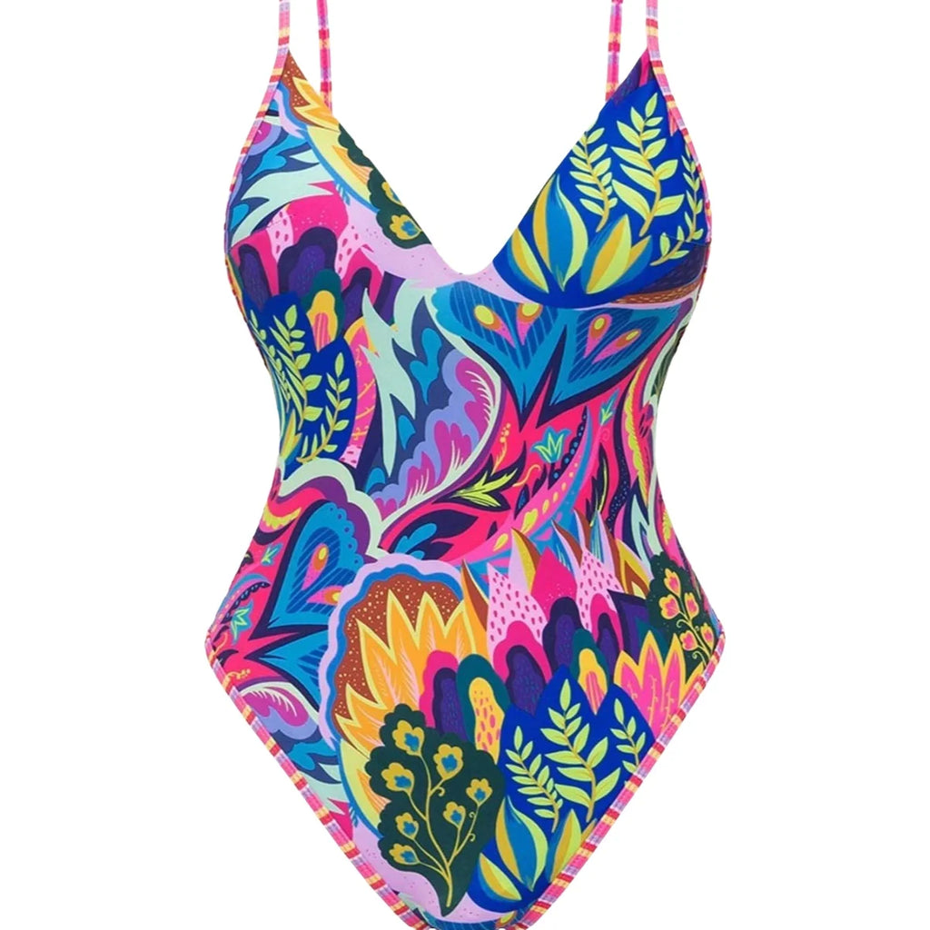 Sexy Deep V Print Backless Triangle Pant One Piece Swimsuit Women's Strapless Body Covering Cross-Border Trend 2026