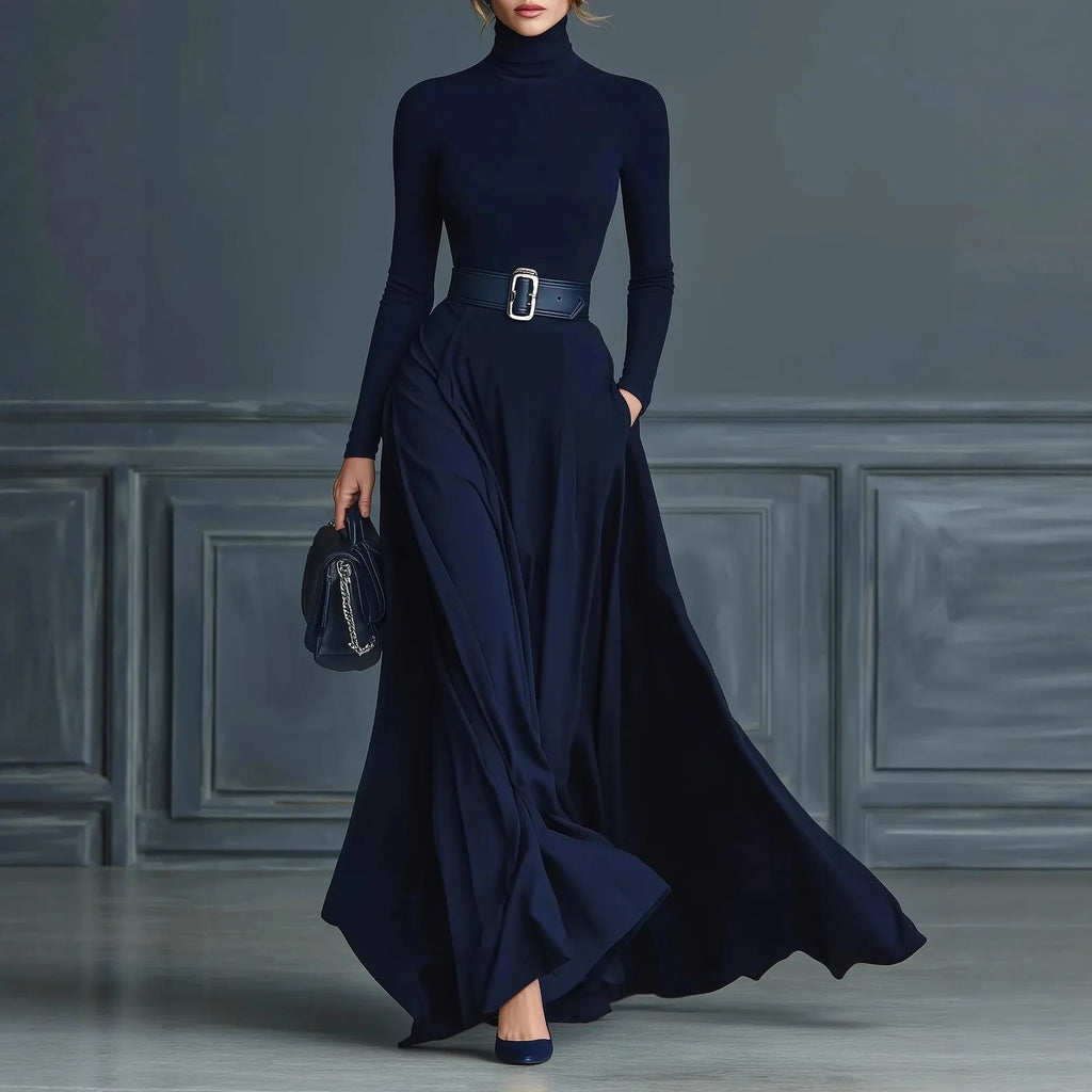 Abito Cerimonia Donna Tinta unita Collo alto Manica lunga Vita Abito Donna Autunno Inverno Orlo Abito lungo Abiti Formales Mujer